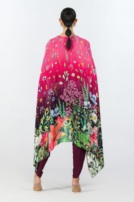 Shop Limerick By Abirr N' Nanki Pink Crepe Printed Floral V Neck Moet Tunic And Draped Dhoti Pant Set at Aza Fashions Shop_Limerick By Abirr N' Nanki_Pink Crepe Printed Floral V Neck Moet Tunic And Draped Dhoti Pant Set _at_Aza_Fashions