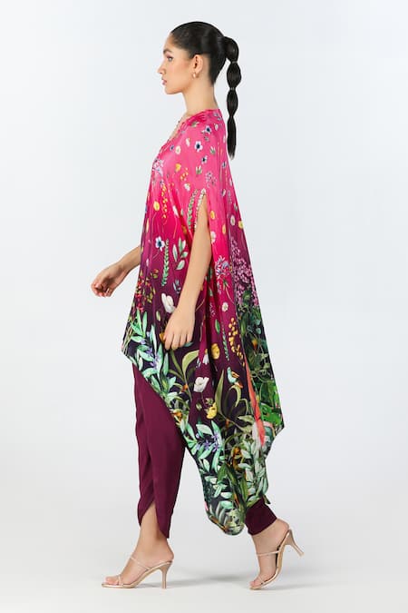 Limerick By Abirr N' Nanki Pink Crepe Printed Floral V Neck Moet Tunic And Draped Dhoti Pant Set Online at Aza Fashions Limerick By Abirr N' Nanki_Pink Crepe Printed Floral V Neck Moet Tunic And Draped Dhoti Pant Set _Online_at_Aza_Fashions