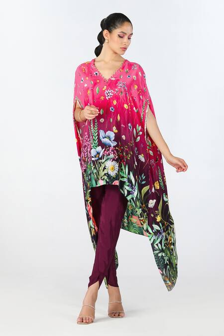 Shop Limerick By Abirr N' Nanki Pink Crepe Printed Floral V Neck Moet Tunic And Draped Dhoti Pant Set Online at Aza Fashions Shop_Limerick By Abirr N' Nanki_Pink Crepe Printed Floral V Neck Moet Tunic And Draped Dhoti Pant Set _Online_at_Aza_Fashions