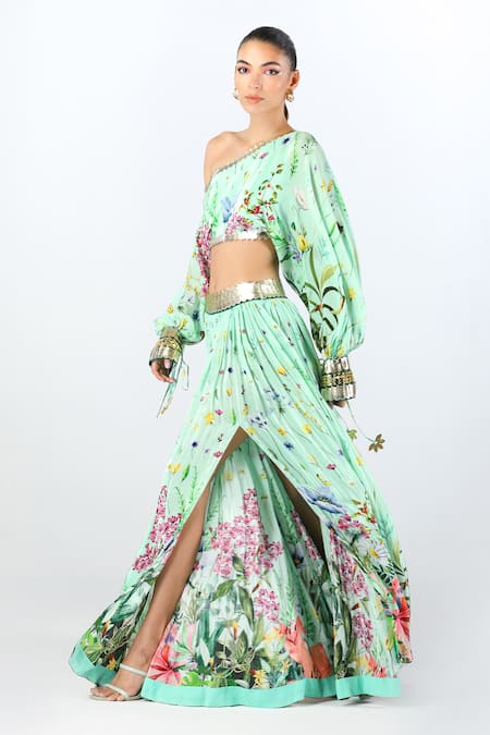 Limerick By Abirr N' Nanki_Blue Crepe Printed Floral Off Myra Blouse And Slit Lehenga Set  _Online_at_Aza_Fashions
