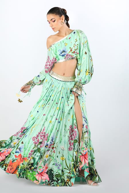 Shop_Limerick By Abirr N' Nanki_Blue Crepe Printed Floral Off Myra Blouse And Slit Lehenga Set  _Online_at_Aza_Fashions
