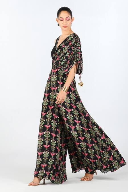 Limerick By Abirr N' Nanki_Black Crepe Embroidery V-neck Nadine Floral Print Draped Jumpsuit _Online_at_Aza_Fashions