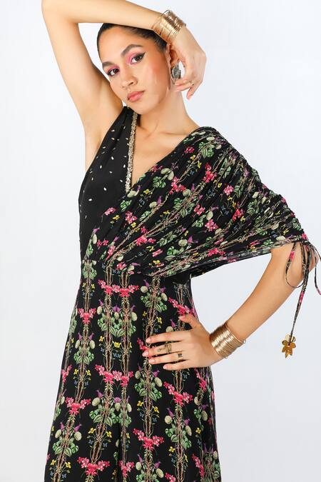 Buy_Limerick By Abirr N' Nanki_Black Crepe Embroidery V-neck Nadine Floral Print Draped Jumpsuit _Online_at_Aza_Fashions
