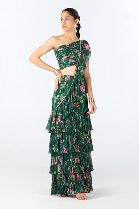 Limerick by Abirr N' Nanki Nara Printed Ruffle Pre-Draped Saree With Blouse 