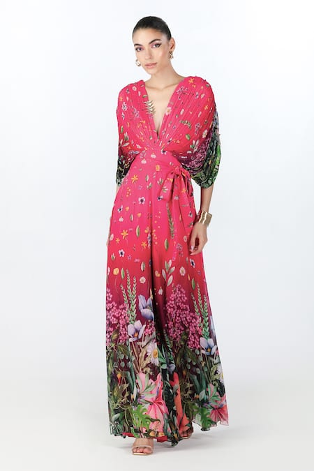 Limerick By Abirr N' Nanki_Fuchsia Georgette Embroidery V-neck Oryn Floral Print Draped Jumpsuit _Online_at_Aza_Fashions