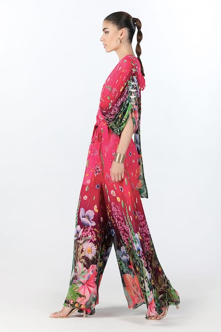 Buy_Limerick By Abirr N' Nanki_Fuchsia Georgette Embroidery V-neck Oryn Floral Print Draped Jumpsuit _Online_at_Aza_Fashions