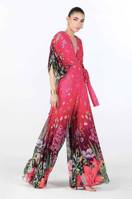 Shop_Limerick By Abirr N' Nanki_Fuchsia Georgette Embroidery V-neck Oryn Floral Print Draped Jumpsuit _Online_at_Aza_Fashions