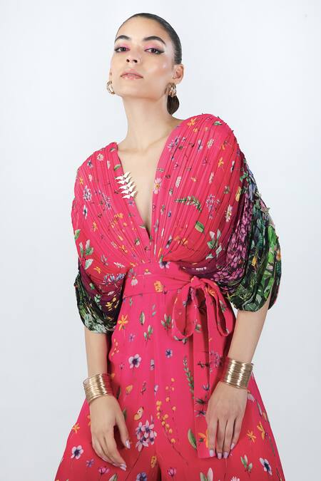 Limerick By Abirr N' Nanki_Fuchsia Georgette Embroidery V-neck Oryn Floral Print Draped Jumpsuit _at_Aza_Fashions