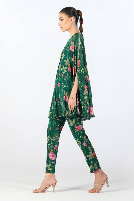 Limerick By Abirr N' Nanki_Green Georgette Printed Floral V Neck Renisa Tunic And Pant Set _Online_at_Aza_Fashions