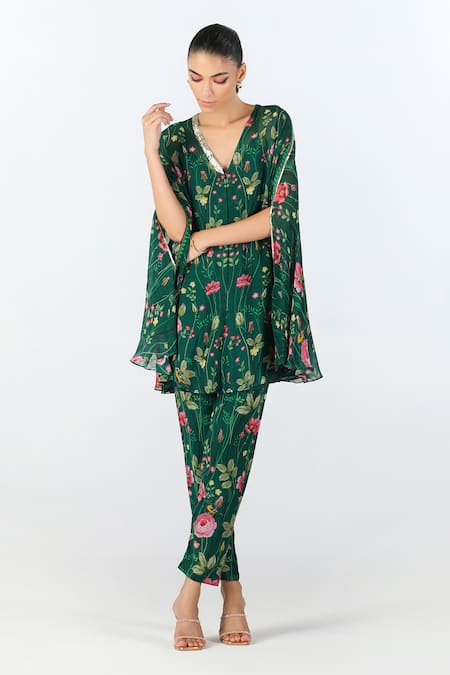 Buy_Limerick By Abirr N' Nanki_Green Georgette Printed Floral V Neck Renisa Tunic And Pant Set _Online_at_Aza_Fashions