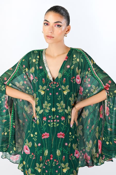 Shop_Limerick By Abirr N' Nanki_Green Georgette Printed Floral V Neck Renisa Tunic And Pant Set _Online_at_Aza_Fashions