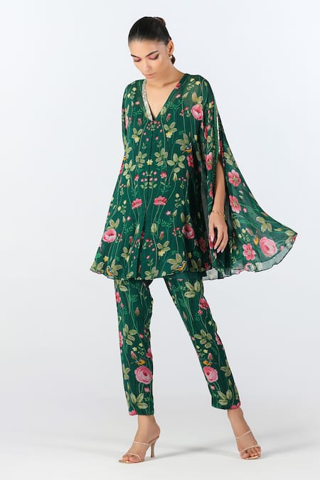 Limerick By Abirr N' Nanki_Green Georgette Printed Floral V Neck Renisa Tunic And Pant Set _at_Aza_Fashions
