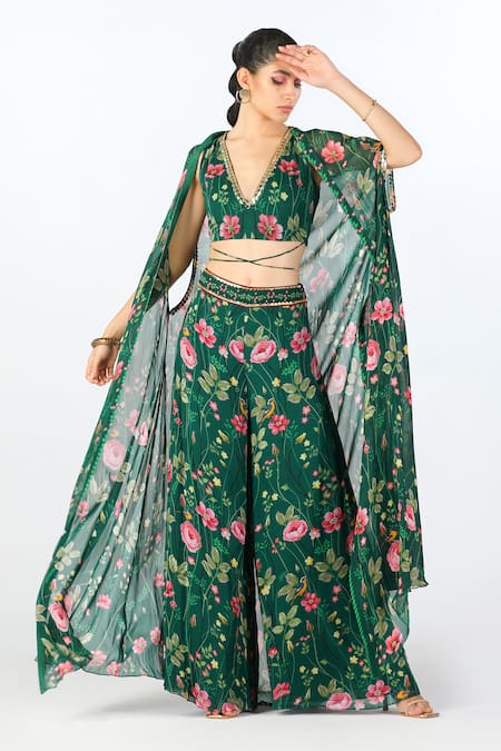 Shop Limerick By Abirr N' Nanki Green Georgette Printed Floral V Neck Cape And Crop Top Pant Set at Aza Fashions Shop_Limerick By Abirr N' Nanki_Green Georgette Printed Floral V Neck Cape And Crop Top Pant Set _at_Aza_Fashions