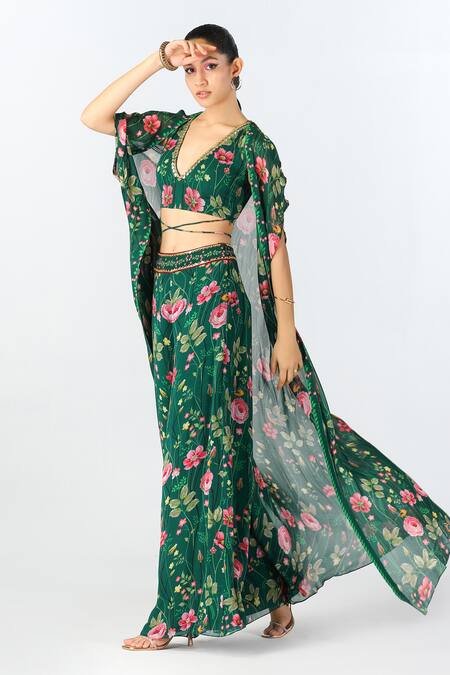 Limerick By Abirr N' Nanki Green Georgette Printed Floral V Neck Cape And Crop Top Pant Set Online at Aza Fashions Limerick By Abirr N' Nanki_Green Georgette Printed Floral V Neck Cape And Crop Top Pant Set _Online_at_Aza_Fashions