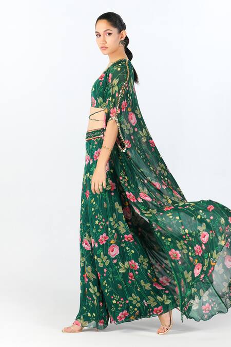 Buy Limerick By Abirr N' Nanki Green Georgette Printed Floral V Neck Cape And Crop Top Pant Set Online at Aza Fashions Buy_Limerick By Abirr N' Nanki_Green Georgette Printed Floral V Neck Cape And Crop Top Pant Set _Online_at_Aza_Fashions