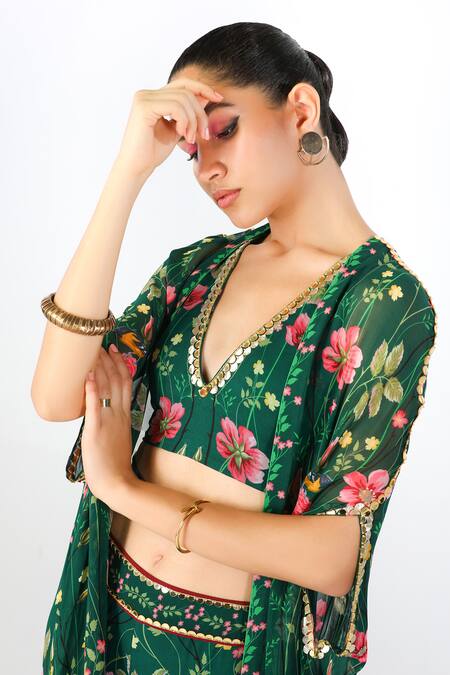 Shop Limerick By Abirr N' Nanki Green Georgette Printed Floral V Neck Cape And Crop Top Pant Set Online at Aza Fashions Shop_Limerick By Abirr N' Nanki_Green Georgette Printed Floral V Neck Cape And Crop Top Pant Set _Online_at_Aza_Fashions