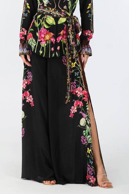 Limerick By Abirr N' Nanki_Black Crepe Printed Floral Seara Slit Pant _Online_at_Aza_Fashions