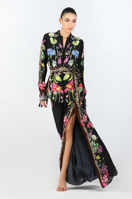Limerick By Abirr N' Nanki_Black Crepe Printed Floral Seara Slit Pant _at_Aza_Fashions