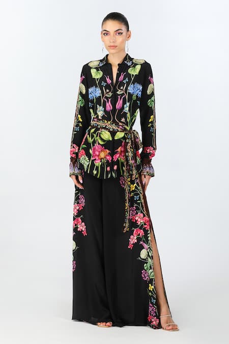 Limerick By Abirr N' Nanki_Black Crepe Collared Seara Floral Print Shirt With Tie-up Belt _Online_at_Aza_Fashions