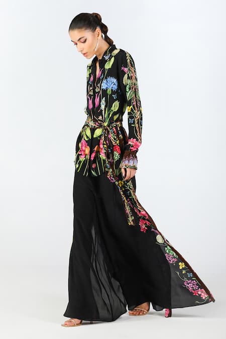 Buy_Limerick By Abirr N' Nanki_Black Crepe Collared Seara Floral Print Shirt With Tie-up Belt _Online_at_Aza_Fashions