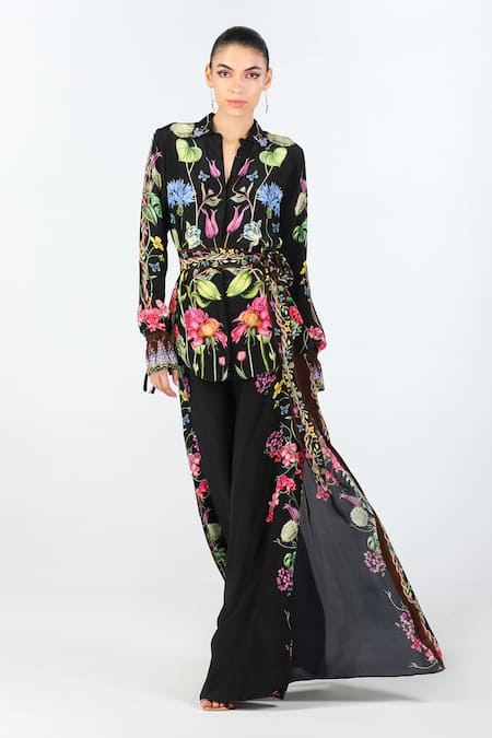 Shop_Limerick By Abirr N' Nanki_Black Crepe Collared Seara Floral Print Shirt With Tie-up Belt _Online_at_Aza_Fashions