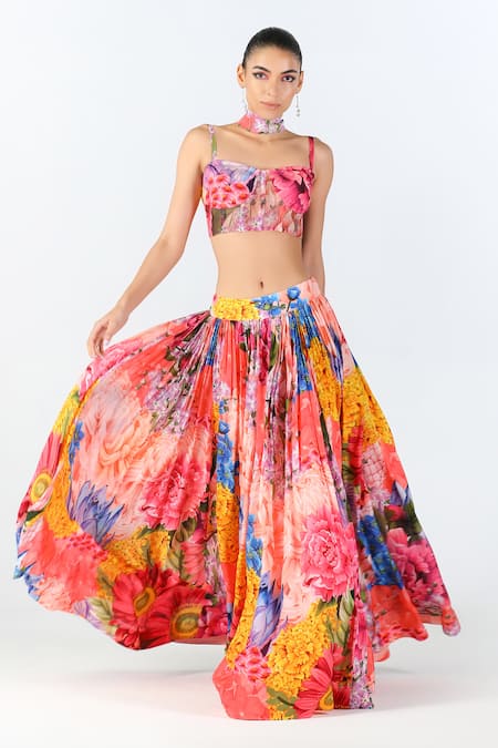 Limerick By Abirr N' Nanki_Multi Color Organza, Silk Embroidery Sweetheart Sonnet Floral Print Lehenga Set _Online_at_Aza_Fashions