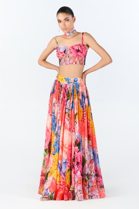 Buy_Limerick By Abirr N' Nanki_Multi Color Organza, Silk Embroidery Sweetheart Sonnet Floral Print Lehenga Set _Online_at_Aza_Fashions