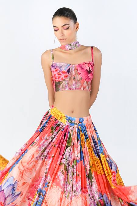 Shop_Limerick By Abirr N' Nanki_Multi Color Organza, Silk Embroidery Sweetheart Sonnet Floral Print Lehenga Set _Online_at_Aza_Fashions