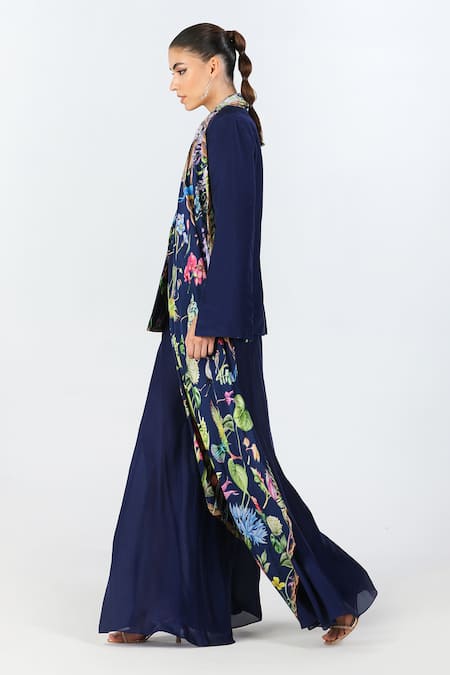 Limerick By Abirr N' Nanki_Blue Crepe, Hemp Embroidery Velon Floral Print Blazer _Online_at_Aza_Fashions