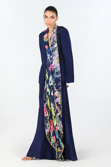 Buy_Limerick By Abirr N' Nanki_Blue Crepe, Hemp Embroidery Velon Floral Print Blazer _Online_at_Aza_Fashions
