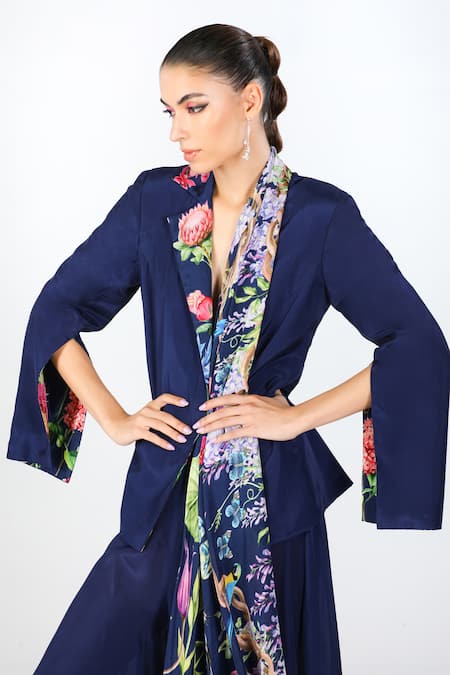 Shop_Limerick By Abirr N' Nanki_Blue Crepe, Hemp Embroidery Velon Floral Print Blazer _Online_at_Aza_Fashions