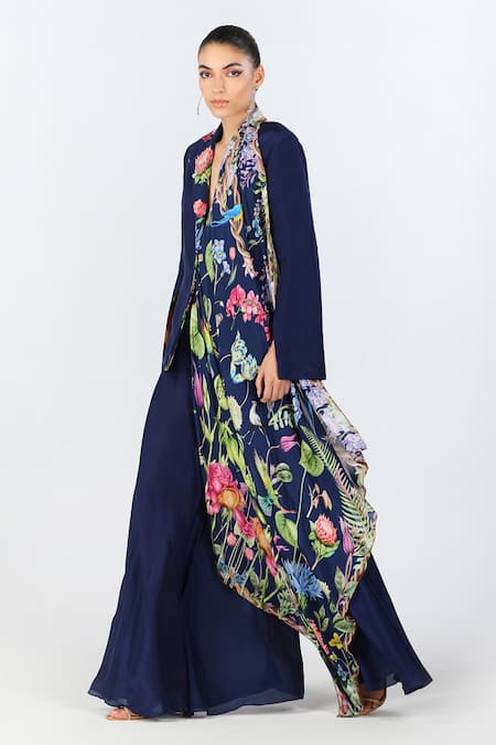 Limerick By Abirr N' Nanki_Blue Crepe, Hemp Embroidery Velon Floral Print Blazer _at_Aza_Fashions