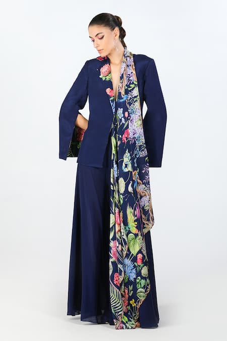 Shop_Limerick By Abirr N' Nanki_Blue Crepe Solid Velon Flared Pant  _Online_at_Aza_Fashions