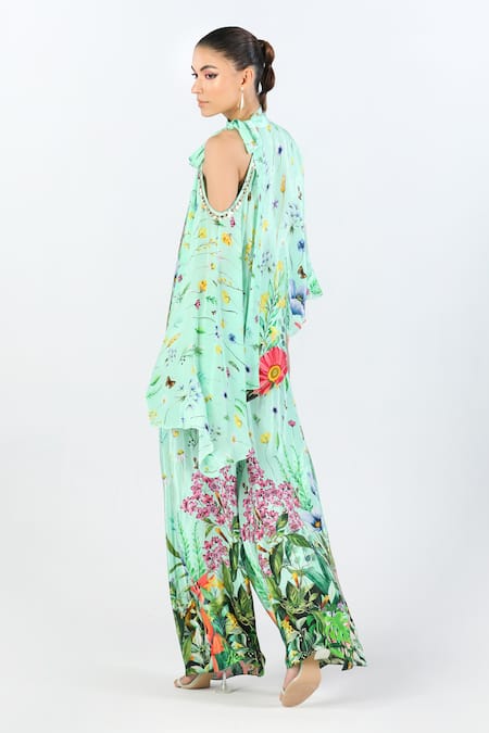 Shop Limerick By Abirr N' Nanki Blue Crepe Beads, Embroidery Open Neck Zade Floral Print Top And Pant Set at Aza Fashions Shop_Limerick By Abirr N' Nanki_Blue Crepe Beads, Embroidery Open Neck Zade Floral Print Top And Pant Set _at_Aza_Fashions