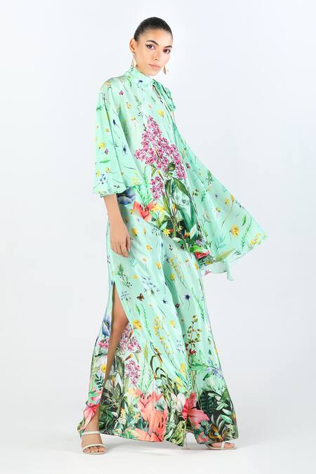 Limerick By Abirr N' Nanki Blue Crepe Beads, Embroidery Open Neck Zade Floral Print Top And Pant Set Online at Aza Fashions Limerick By Abirr N' Nanki_Blue Crepe Beads, Embroidery Open Neck Zade Floral Print Top And Pant Set _Online_at_Aza_Fashions