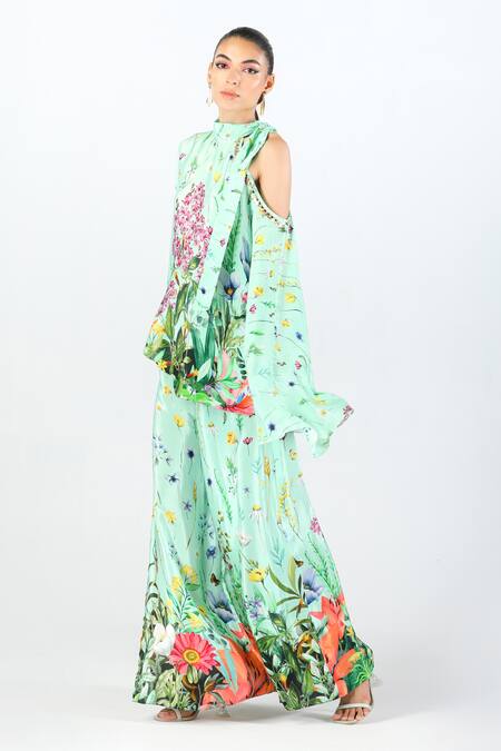 Shop Limerick By Abirr N' Nanki Blue Crepe Beads, Embroidery Open Neck Zade Floral Print Top And Pant Set Online at Aza Fashions Shop_Limerick By Abirr N' Nanki_Blue Crepe Beads, Embroidery Open Neck Zade Floral Print Top And Pant Set _Online_at_Aza_Fashions