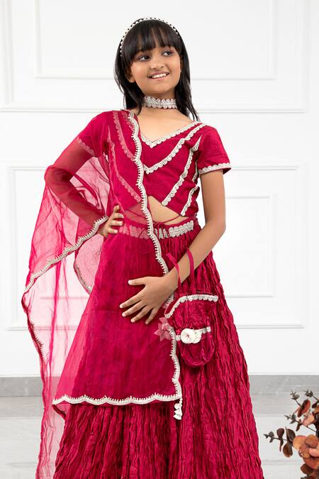 Buy Maroon Organza Embellished Lace Crushed Lehenga Blouse Set For