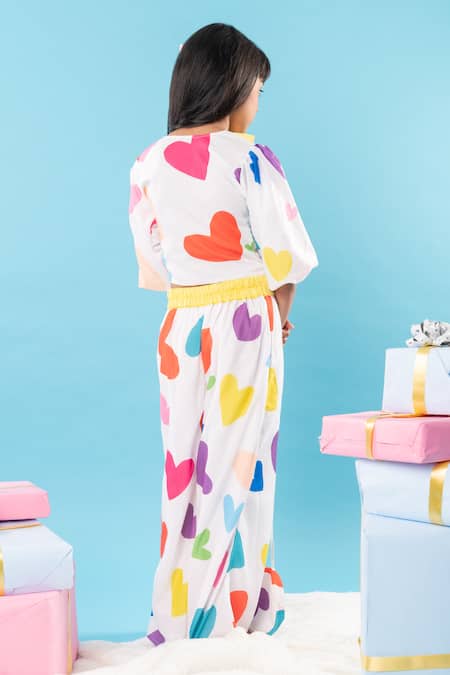Shop Kirti Agarwal - Pret N Couture White Cotton Heart Print Crop Top And Palazzo Set at Aza Fashions Shop_Kirti Agarwal - Pret N Couture_White Cotton Heart Print Crop Top And Palazzo Set _at_Aza_Fashions