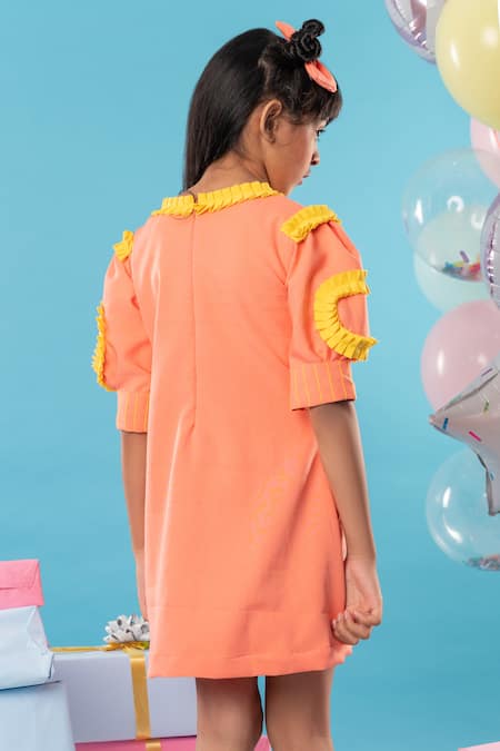 Shop Kirti Agarwal - Pret N Couture Orange Crepe, Cotton Embroidery Frilly Bloom Dress at Aza Fashions Shop_Kirti Agarwal - Pret N Couture_Orange Crepe, Cotton Embroidery Frilly Bloom Dress _at_Aza_Fashions
