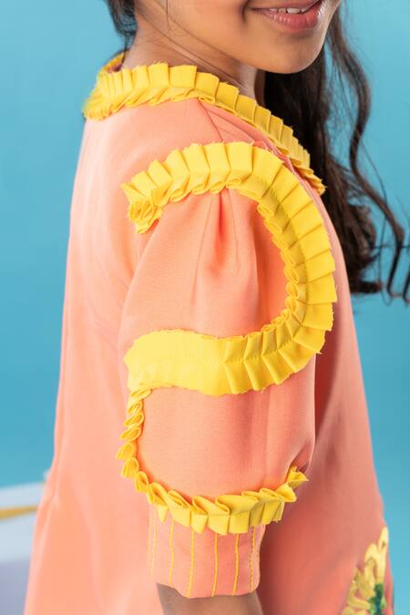 Shop Kirti Agarwal - Pret N Couture Orange Crepe, Cotton Embroidery Frilly Bloom Dress Online at Aza Fashions Shop_Kirti Agarwal - Pret N Couture_Orange Crepe, Cotton Embroidery Frilly Bloom Dress _Online_at_Aza_Fashions