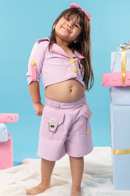 Kirti Agarwal - Pret N Couture_Purple Crepe, Lycra Sequins, Embroidery Cupcake Collared Crop Top With Shorts_Online_at_Aza_Fashions