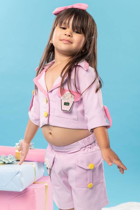 Buy_Kirti Agarwal - Pret N Couture_Purple Crepe, Lycra Sequins, Embroidery Cupcake Collared Crop Top With Shorts_Online_at_Aza_Fashions