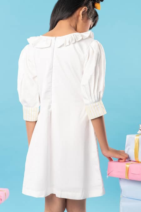 Shop Kirti Agarwal - Pret N Couture White Cotton, Silk Bows, Embroidery Tulip Bloom Dress at Aza Fashions Shop_Kirti Agarwal - Pret N Couture_White Cotton, Silk Bows, Embroidery Tulip Bloom Dress _at_Aza_Fashions