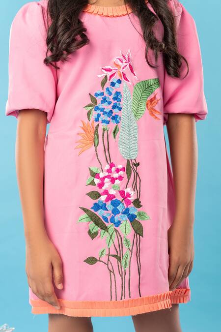 Shop Kirti Agarwal - Pret N Couture Pink Crepe, Cotton Embroidery Floral Garden Dress Online at Aza Fashions Shop_Kirti Agarwal - Pret N Couture_Pink Crepe, Cotton Embroidery Floral Garden Dress _Online_at_Aza_Fashions