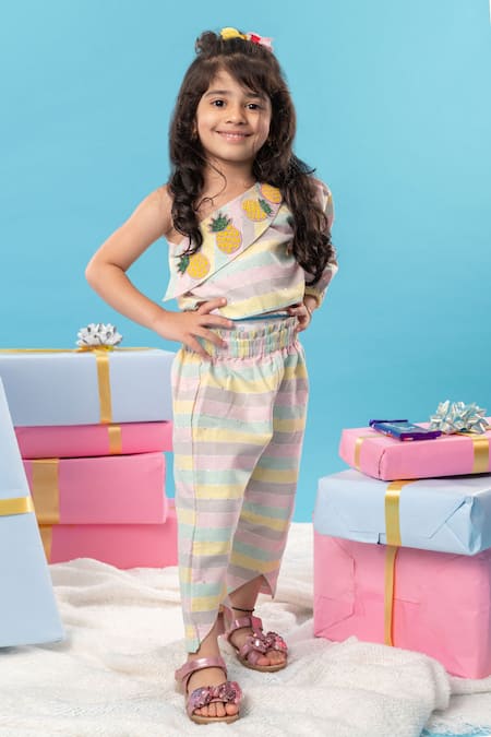 Kirti Agarwal - Pret N Couture Multi Color Cotton, Lurex Sequins Striped One Shoulder Top And Pant Set