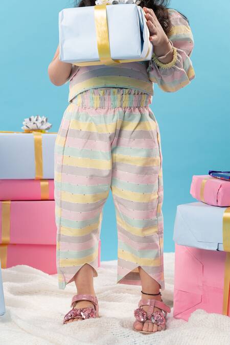 Kirti Agarwal - Pret N Couture_Multi Color Cotton, Lurex Sequins Striped One Shoulder Top And Pant Set _Online_at_Aza_Fashions