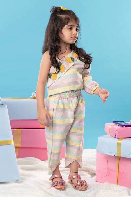 Buy_Kirti Agarwal - Pret N Couture_Multi Color Cotton, Lurex Sequins Striped One Shoulder Top And Pant Set _Online_at_Aza_Fashions