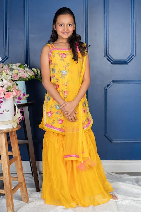 Shop_Kirti Agarwal - Pret N Couture_Yellow Silk, Sequins, Embroidery Flora Kurta Sharara Set _Online_at_Aza_Fashions