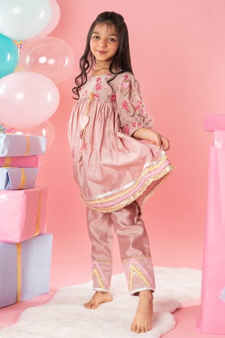 Kirti Agarwal - Pret N Couture_Brown , Silk, Cotton Lace, Embroidery Roseate Kurti With Pant _Online_at_Aza_Fashions