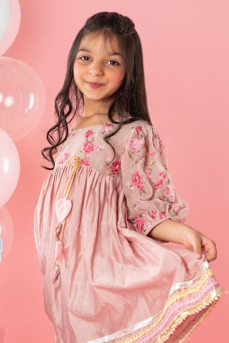 Buy_Kirti Agarwal - Pret N Couture_Brown , Silk, Cotton Lace, Embroidery Roseate Kurti With Pant _Online_at_Aza_Fashions